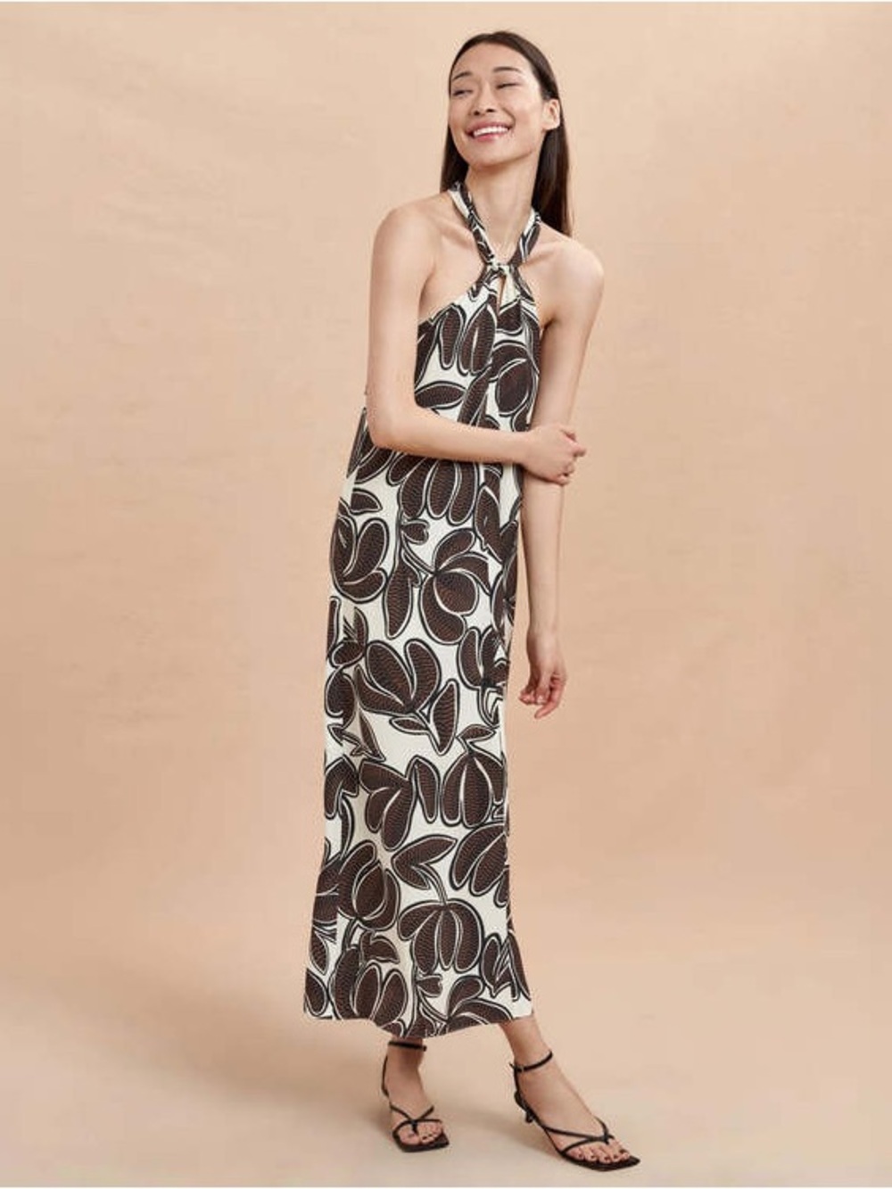 La Ligne Chantal Halter Maxi Dress Brown Ivory Leaf Print Open Back Sz small